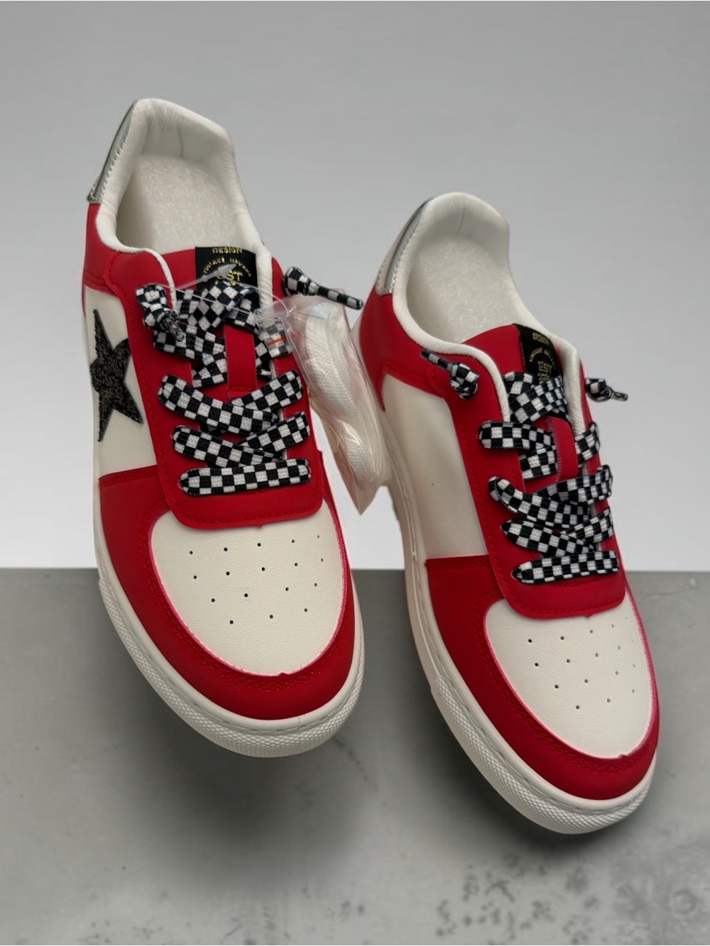 Vintage Havana Red, White & Black Low-Top Sneakers with Checkerboard Laces